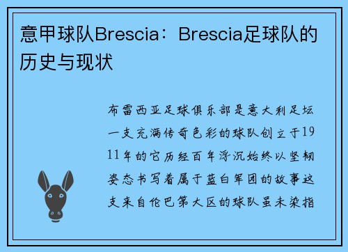 意甲球队Brescia：Brescia足球队的历史与现状