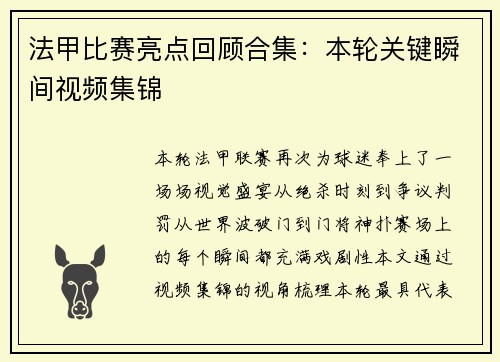 法甲比赛亮点回顾合集：本轮关键瞬间视频集锦